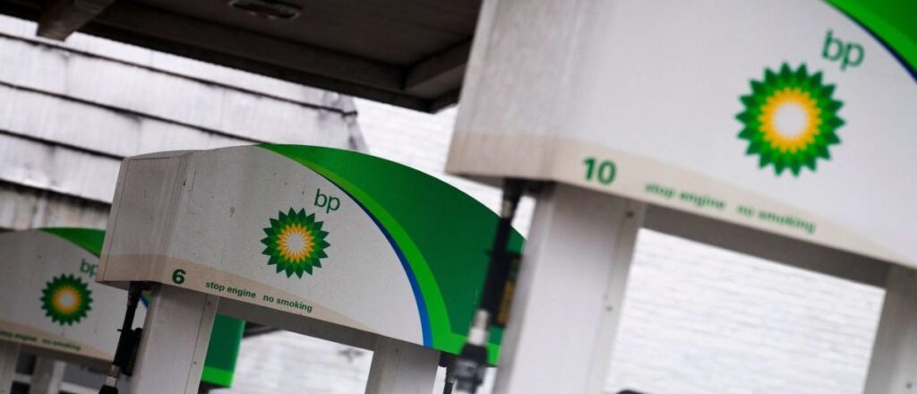 The BP logo is displayed on gas pumps in Washington, DC, on March 9, 2022. (Photo by Stefani Reynolds / AFP) (Photo by STEFANI REYNOLDS/AFP via Getty Images)