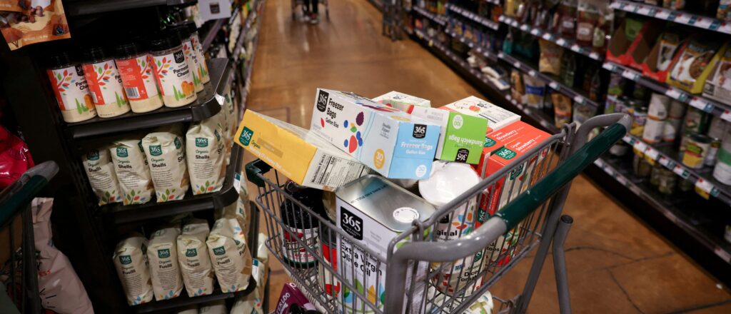 FILE PHOTO: A shopping cart is seen in a supermarket as inflation affected consumer prices in Manhattan, New York City