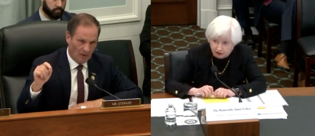 Republican Utah Rep. Chris Stewart confronted Treasury Sec. Janet Yellen on Wednesday as to why IRS agents showed up the home of a journalist while he testified before Congress. [Screenshot PBS News Hour]