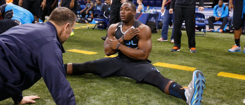 Former Arkansas defensive lineman Chris Smith has measurements taken during the 2014 NFL Combine at Lucas Oil Stadium on February 24, 2014 in Indianapolis, Indiana. (Photo by Joe Robbins/Getty Images)