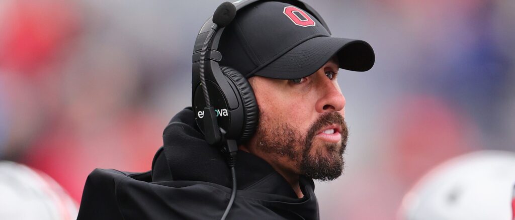 Wide receiver coach Brian Hartline of the Ohio State Buckeyes looks on against the Northwestern Wildcats during the second half at Ryan Field on November 05, 2022 in Evanston, Illinois. (Photo by Michael Reaves/Getty Images)