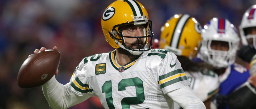 Aaron Rodgers #12 of the Green Bay Packers throws a pass during the first quarter against the Buffalo Bills at Highmark Stadium on October 30, 2022 in Orchard Park, New York. (Photo by Joshua Bessex/Getty Images)