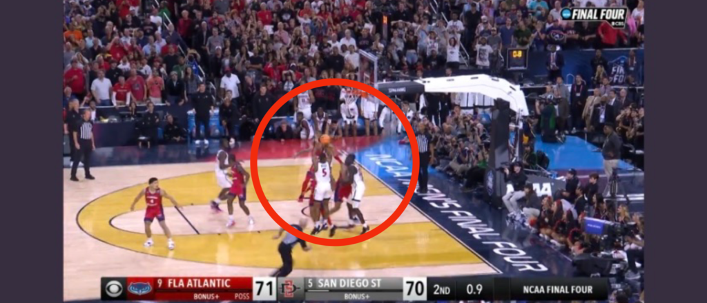San Diego State University will play in the national championship following Lamont Butler nailing a buzzer beater to defeat Florida Atlantic. Twitter/Screenshot/MarchMadnessMBB
