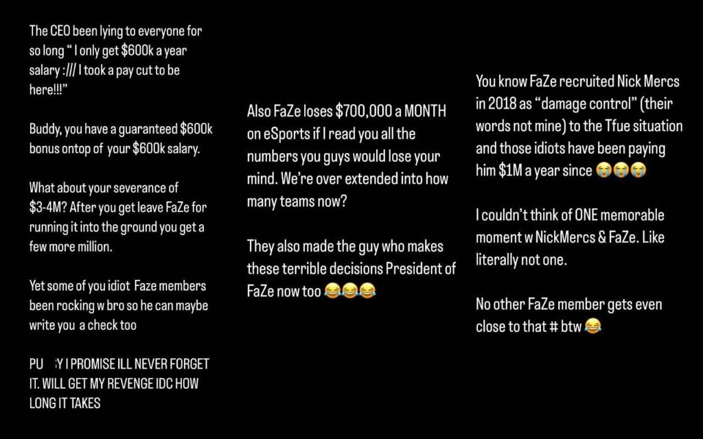 FaZe Rain attacks the CEO in latest Instagram story (Image via Sportskeeda)