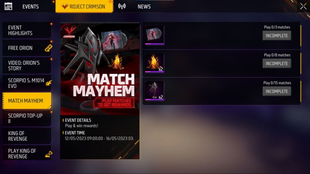 New Project Crimson events have commenced in Free Fire MAX (Image via Garena)