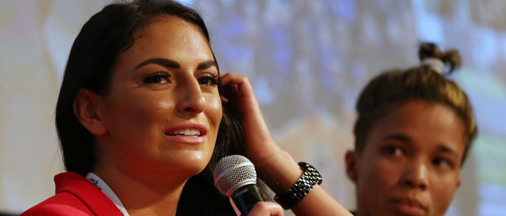 WWE wrestler Sonya Deville, left and Michaylah Petersen, Surf Coach with Waves for Change talk during the Beyond Sport United Conference at NYU on September 13, 2018 in New York City. (Photo by Rich Schultz/Getty Images)
