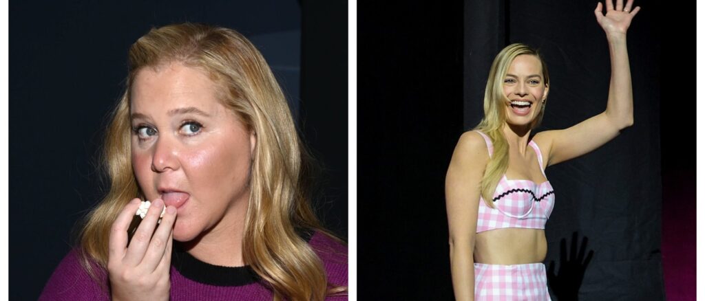 A collage showing Amy Schumer and Margot Robbie (Photo by Dave Kotinsky/Getty Images for Paramount+)(Photo by Ethan Miller/Getty Images)