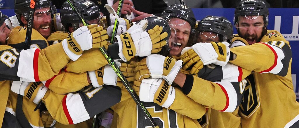Mark Stone #61 of the Vegas Golden Knights celebrates after scoring an empty-net hat trick goal against the Florida Panthers during the third period in Game Five of the 2023 NHL Stanley Cup Final at T-Mobile Arena on June 13, 2023 in Las Vegas, Nevada. (Photo by Ethan Miller/Getty Images)