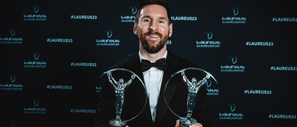 Lionel Messi winner of the Laureus World Sportsman of the Year 2023 award poses during the 2023 Laureus World Sport Awards Paris on May 08, 2023 in Paris, France. (Photo by Alexander Scheuber/Getty Images for Laureus)
