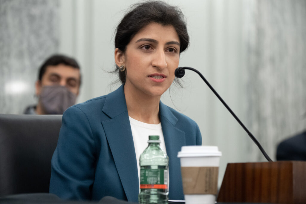FTC Commissioner nominee Lina M. Khan testifies during a Senate Commerce, Science, and Transportation Committee nomination hearing on April 21, 2021 in Washington, DC. (Photo by Graeme Jennings-Pool/Getty Images)