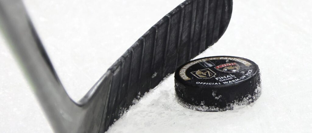 A view of the official warm-up puck prior to Game Two of the 2023 NHL Stanley Cup Final between the Vegas Golden Knights and the Florida Panthers at T-Mobile Arena on June 05, 2023 in Las Vegas, Nevada. (Photo by Bruce Bennett/Getty Images)
