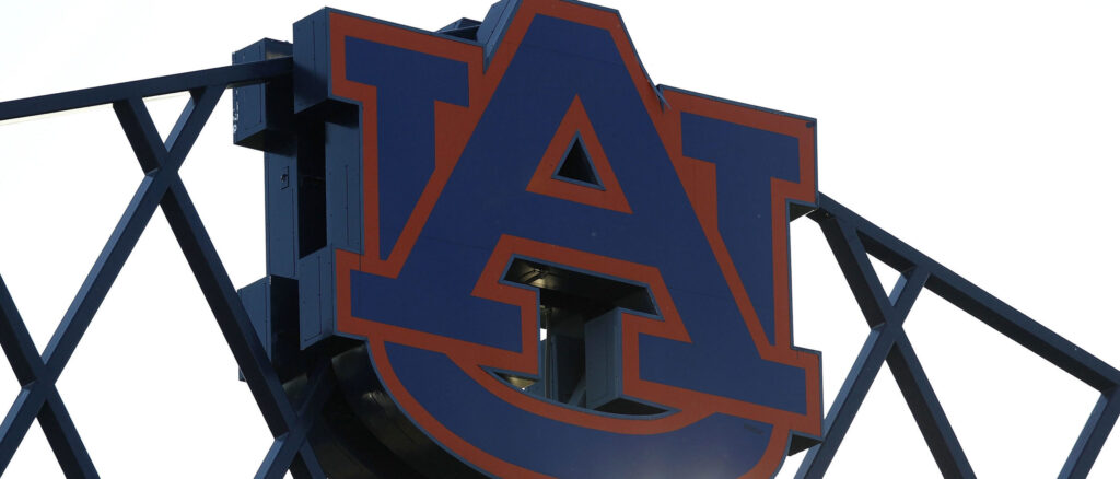 Photo of the Auburn University logo at the top of Jordan-Hare Stadium during the game between the Arkansas Razorbacks and the Auburn Tigers on October 16, 2010 in Auburn, Alabama. (Photo by Mike Zarrilli/Getty Images)