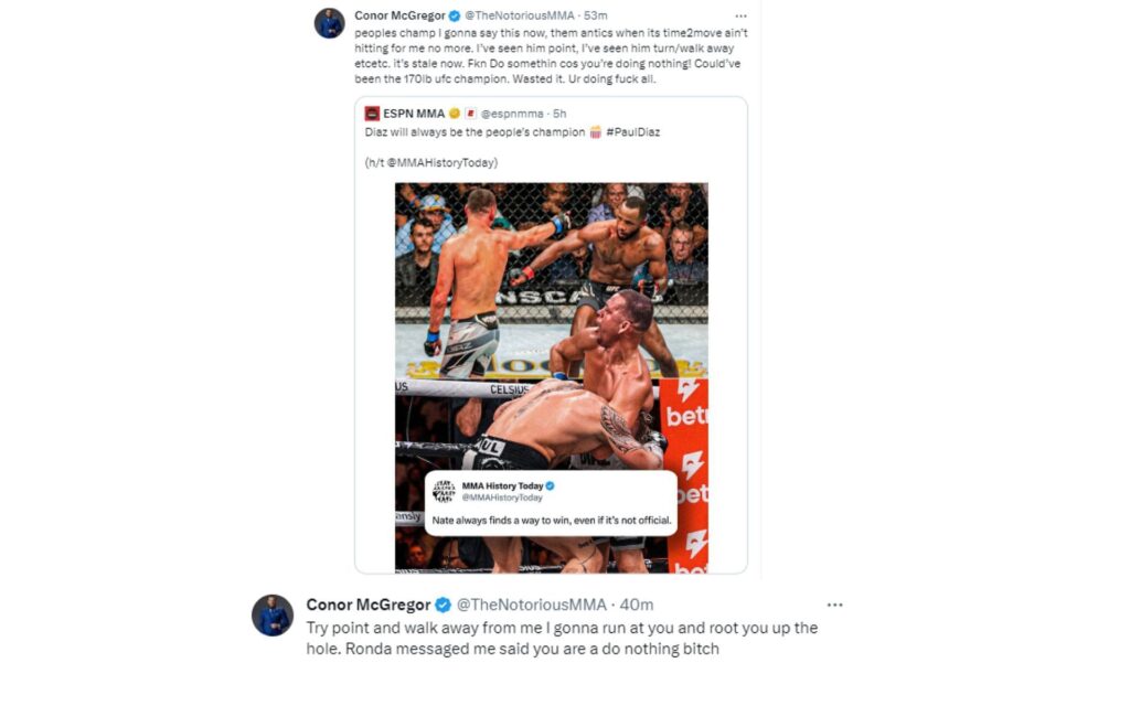 Nate Diaz vs. Leon Edwards (left top - via @THERealBoomgirl), Nate Diaz choke-holding Jake Paul (bottom left - via @fightpicsthatgohard), Conor McGregor (right - via @thenotoriousmma)