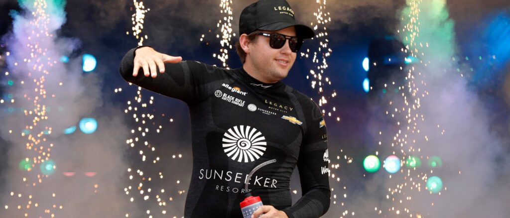 Noah Gragson, driver of the #42 Sunseeker Resort Chevrolet, walks onstage during driver intros prior to the NASCAR Cup Series Cook Out 400 at Richmond Raceway on July 30, 2023 in Richmond, Virginia. (Photo by Sean Gardner/Getty Images)
