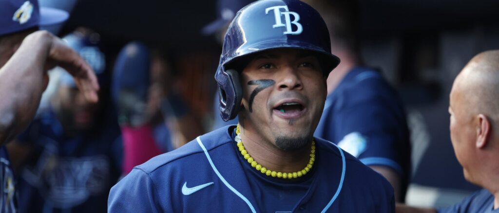 Wander Franco #5 of the Tampa Bay Rays celebrates after hitting a 2 run home run against Gerrit Cole #45 of the New York Yankees in the first inning during their game at Yankee Stadium on August 2, 2023 in Bronx borough of New York City. (Photo by Al Bello/Getty Images)