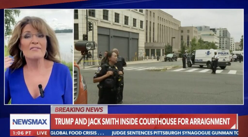 Screenshot 2023 08 03 at 9.18.55 PM Former Republican Vice Presidential candidate Sarah Palin is very concerned that Donald Trump's indictment is "injust" and like Orwell's 1984 is making people "afraid of their thoughts."