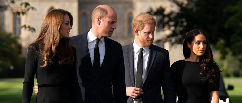 The Prince and Princess of Wales Accompanied By The Duke And Duchess Of Sussex Greet Wellwishers Outside Windsor Castle