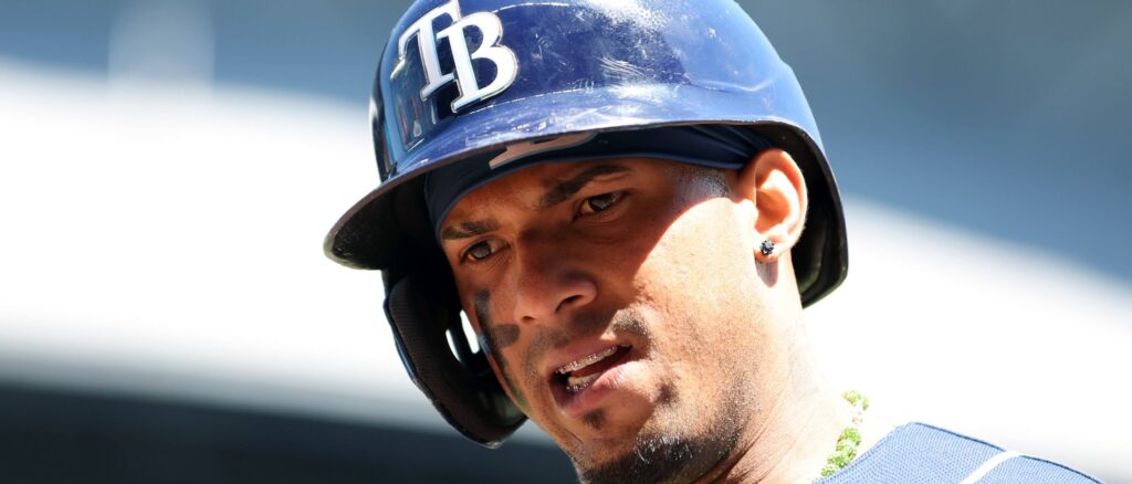Wander Franco #5 of the Tampa Bay Rays looks on against the Seattle Mariners at T-Mobile Park on July 02, 2023 in Seattle, Washington. (Photo by Steph Chambers/Getty Images)