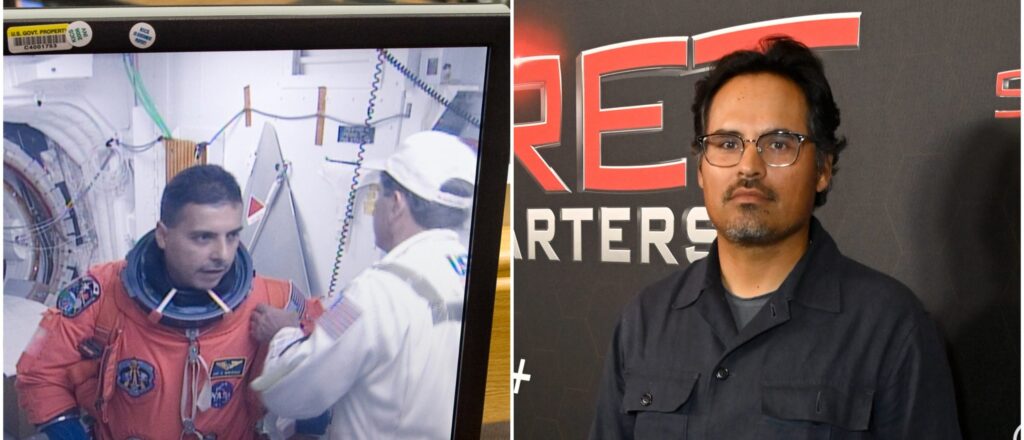 CAPE CANAVERAL, FL - AUGUST 24: In this handout from NASA, a monitor displays the image of NASA Astronaut Jose Hernandez boarding the Shuttle as NASA crew work as space shuttle Discovery crew members prepare to be transported to the launch pad for a 1:36 a.m. EDT launch from the Kennedy Space Center August 24, 2009 in Cape Canaveral, Florida. Discovery is scheduled for a 13 day mission to deliver supplies and equipment to the International Space Station. (Photo by Bill Ingalls/NASA via Getty Images) NEW YORK, NEW YORK - AUGUST 08: Actor Michael Peña attends the Paramount+