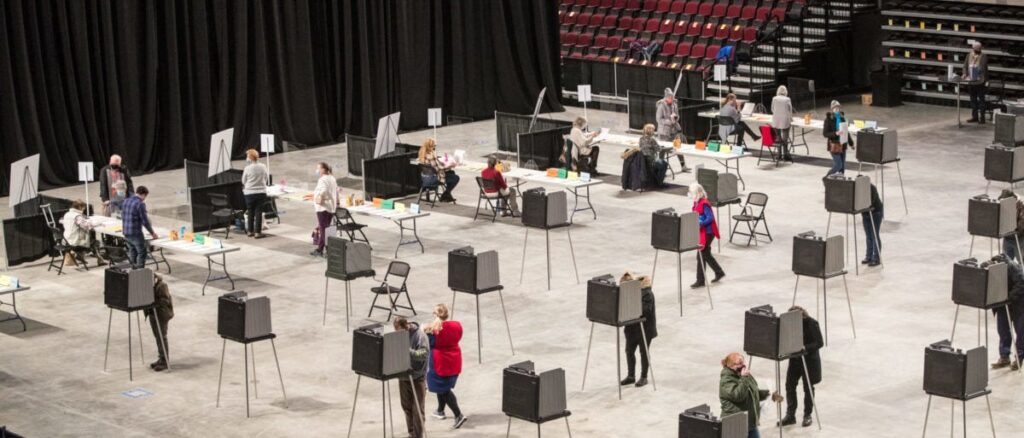 BANGOR, ME - NOVEMBER 03: Voters fill out and cast their ballots at the Cross Insurance Center polling location on November 3, 2020 in Bangor, Maine. After a record-breaking early voting turnout, Americans head to the polls on the last day to cast their vote for incumbent U.S. President Donald Trump or Democratic nominee Joe Biden in the 2020 presidential election. (Photo by Scott Eisen/Getty Images)