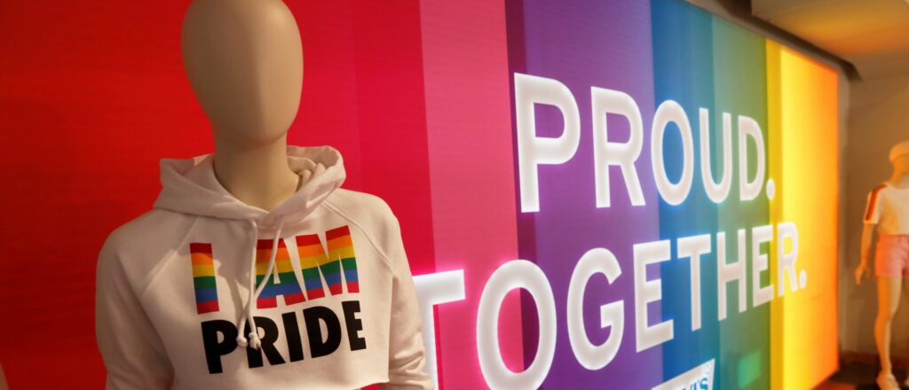 LGBT themed clothing to coincide with the 50th anniversary of the1969 Stonewall uprising, considered the birth of the lesbian, gay, bisexual and transgender (LGBT) movement is seen on display at the Levi