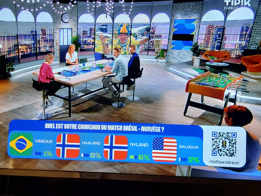 Belgians weigh Folarin Balogun as 'darling of the match' in which he didn't play Image from Belgian broadcaster RTBF's coverage of the Norway-Brazil game in which U.S. striker Folarin Balogun was voted player of the match — despite not playing.