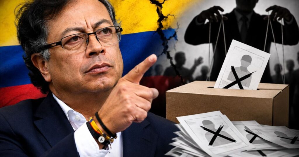 Colombian President Gustavo Petro Challenges Presidential Election – Sues in Colombian Court to Annul Results Political leader discussing election integrity against a backdrop of the Colombian flag and ballot box, emphasizing the importance of democratic processes.