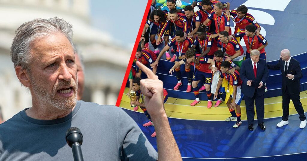 Jon Stewart Blasts Trump for ‘Tainting’ Spain’s World Cup Celebration Jon Stewart Blasts Trump for 'Tainting' Spain's World Cup Celebration