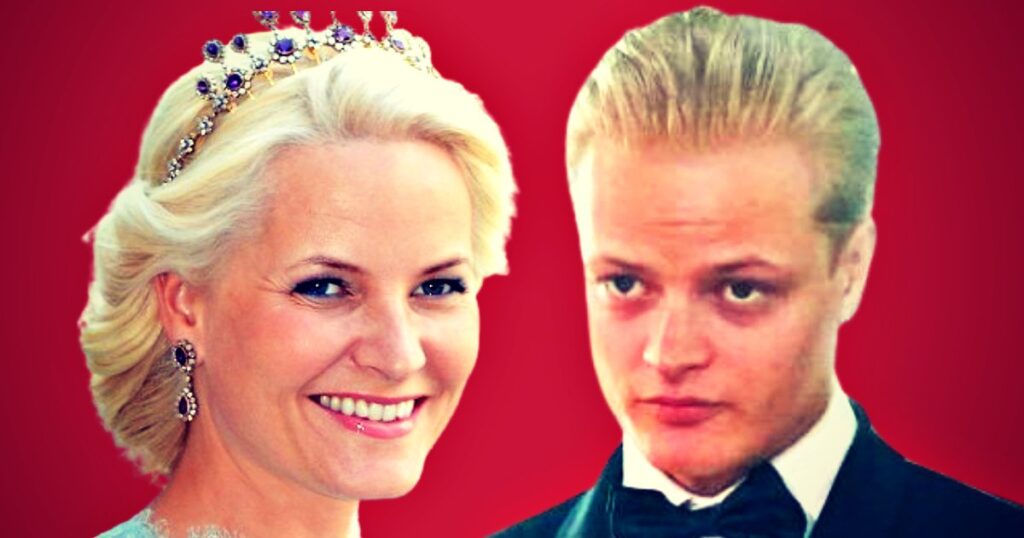 Portrait of a smiling woman wearing a crown and elegant earrings alongside a young man in formal attire, set against a vibrant red background.