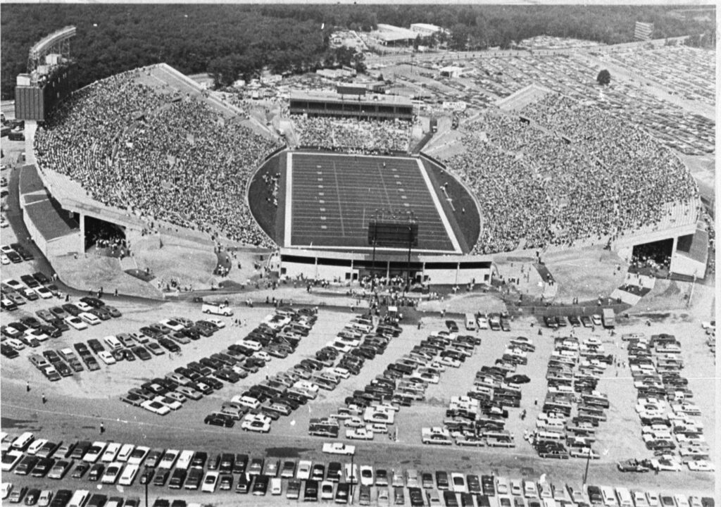 The World Cup came to town. The town had 10,000 people. An aerial view of Schaefer Stadium in Foxborough, Massachusetts in 1971, the year it opened.