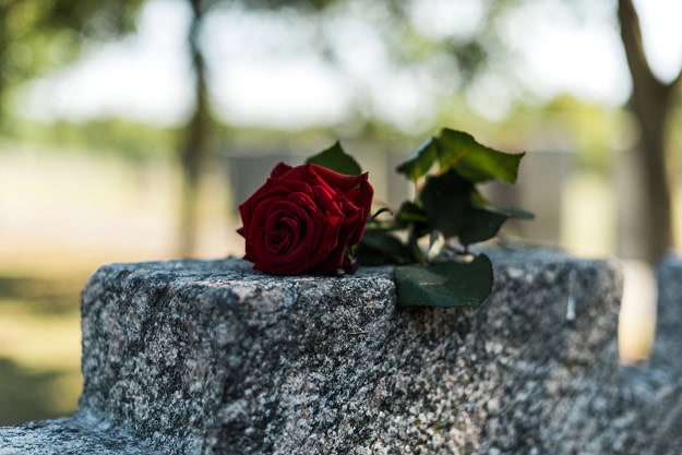 101 Death Quotes That Will Make You Think Differently About Life, Loss and Meaning A gravestone with a red rose on top of it.