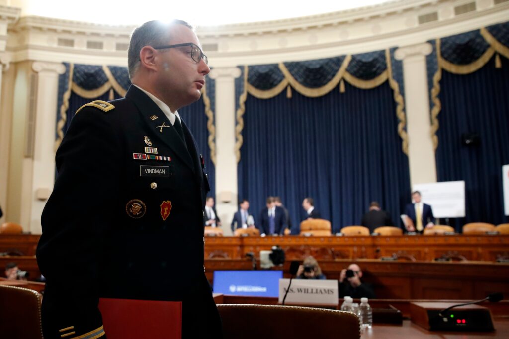 Florida voters, hungry for change, snub Dem establishment and even Trump FILE - National Security Council aide Lt. Col. Alexander Vindman departs after testifying before the House Intelligence Committee on Capitol Hill in Washington, Nov. 19, 2019, during a public impeachment hearing of President Donald Trump's efforts to tie U.S. aid for Ukraine to investigations of his political opponents. (AP Photo/Alex Brandon, File)