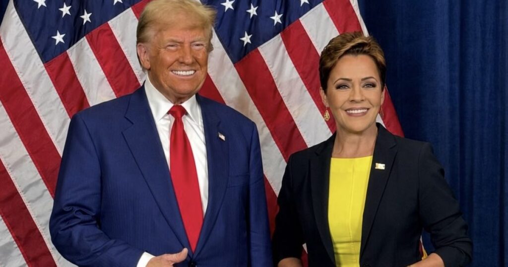 Thom Tillis Spites Trump by Excluding Trump Loyalist and MAGA Star Kari Lake from List of 74 Trump Nominees Confirmed En Bloc by Senate Today * The Gateway Pundit * by Jordan Conradson Donald Trump and Kari Lake pose together in front of American flags, showcasing their political alliance and engagement at an event.