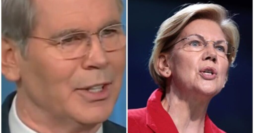 Treasury Sec. Scott Bessent Schools Elizabeth Warren – Offers Her ‘Foreign Exchange for Dummies’ * The Gateway Pundit * by Mike LaChance Image features a split view of two speakers at an event, one man on the left and a woman in a red blazer on the right, both engaged in discussion.