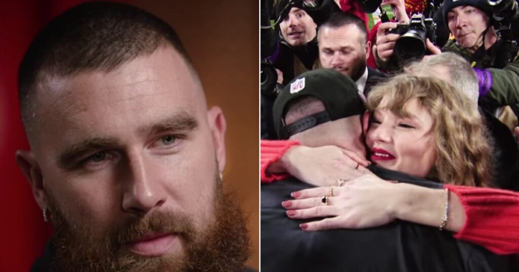 Kansas City Chiefs Tight End and Taylor Swift’s Husband Travis Kelce Scammed by Illegal Alien Fraudster in Massive Ponzi Scheme Kansas City Chiefs tight end Travis Kelce, left; right a still of video of Kelce hugging pop star Taylor Swift after the Chiefs won the AFC Championship Jan. 28.