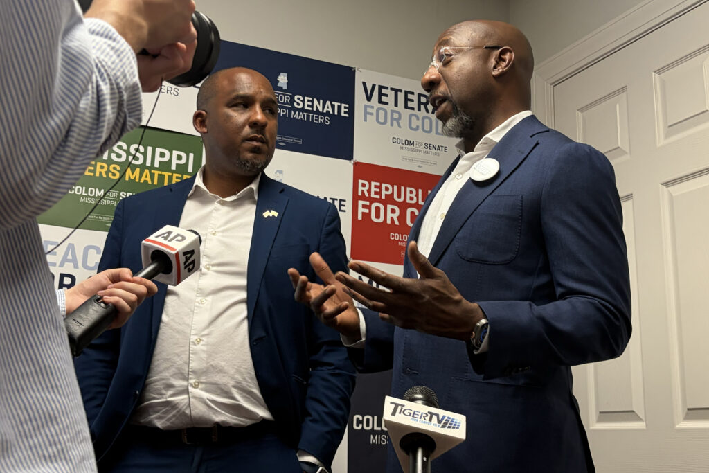 Can Scott Colom win Mississippi Senate? Warnock is making a big bet on it. Sen. Raphael Warnock and Democratic nominee for Senate in Mississippi Scott Colom address reporters in Jackson, Mississippi.