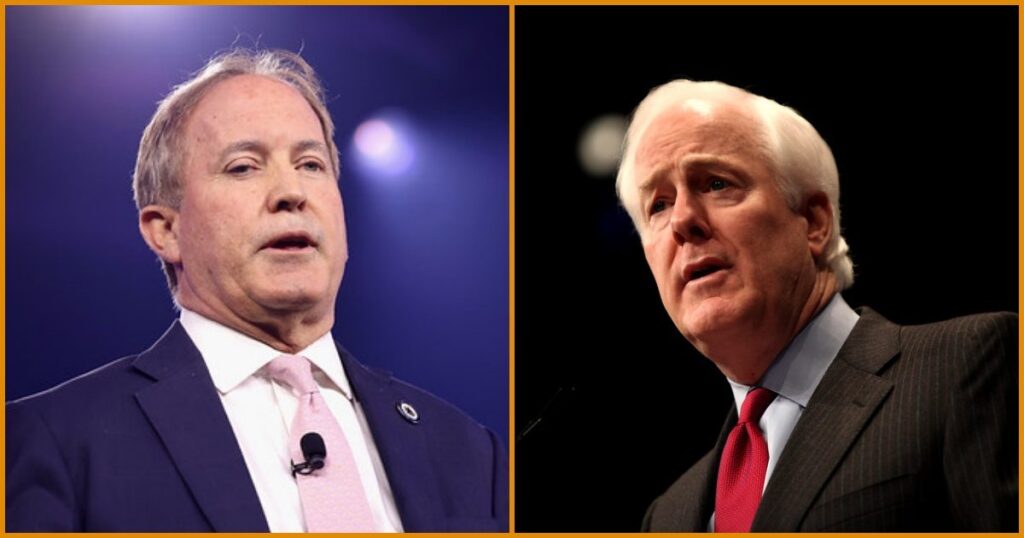 In Latest Ken Paxton Leak, Paxton Claims John Cornyn Working Against Him to “Teach Those Republicans a Lesson” * The Gateway Pundit * by Jordan Conradson Two Texas politicians speaking at an event, with one in a dark suit and pink tie, and the other in a striped suit, both engaged in a serious discussion.